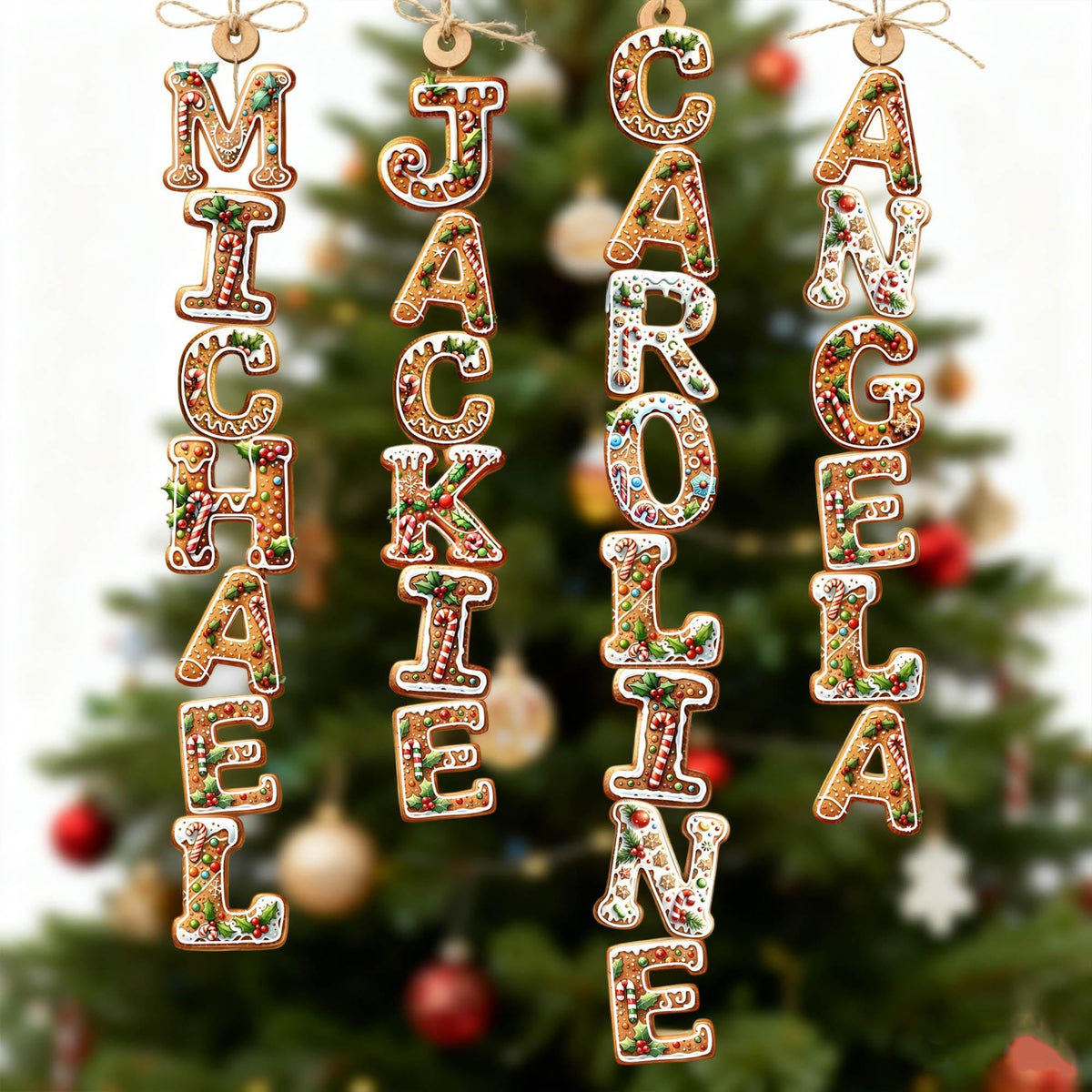 Four brown vertical gingerbread letter ornaments spelling Michael, Jackie, Caroline and Angela on a decorated tree