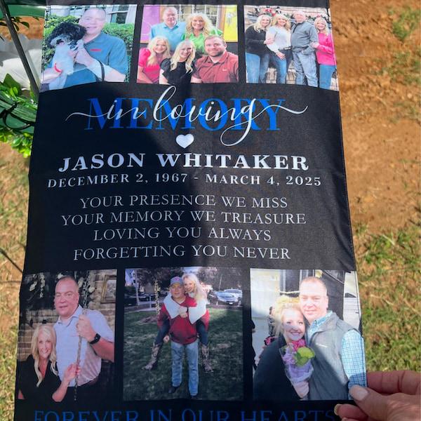 Customer photo of an In Loving Memory photo collage flag held up to show the print up close