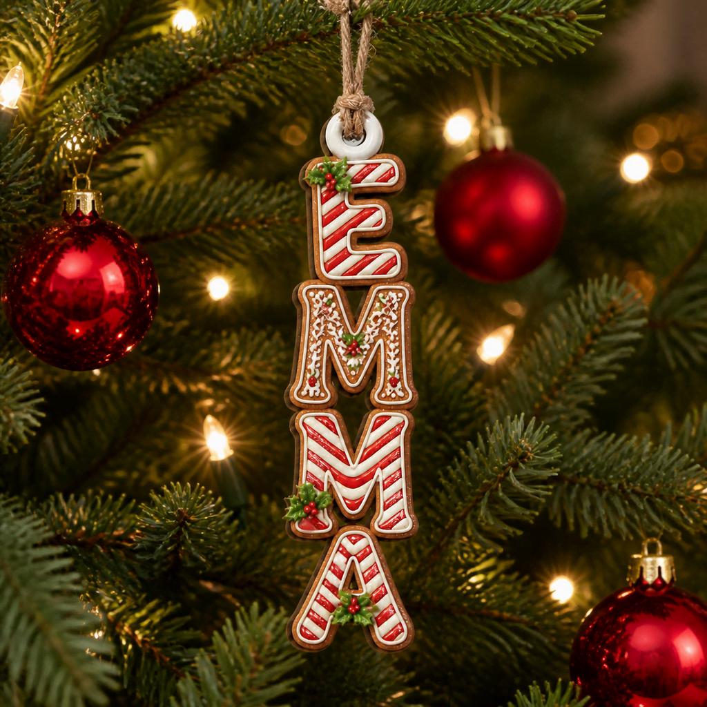 Personalized vertical candy cane gingerbread letter name ornament hanging on a Christmas tree