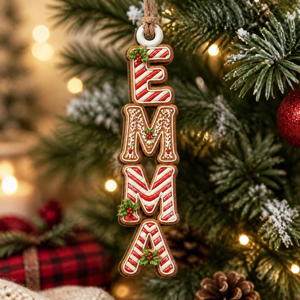 Close-up of a gingerbread candy cane letter name wooden ornament spelling Emma