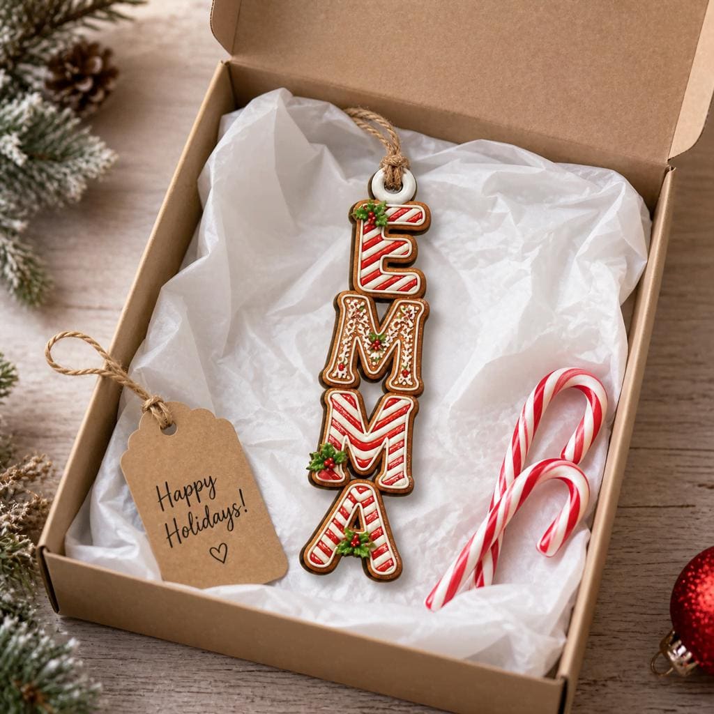 Candy cane letter name wooden ornament in a gift box with Happy Holidays tag