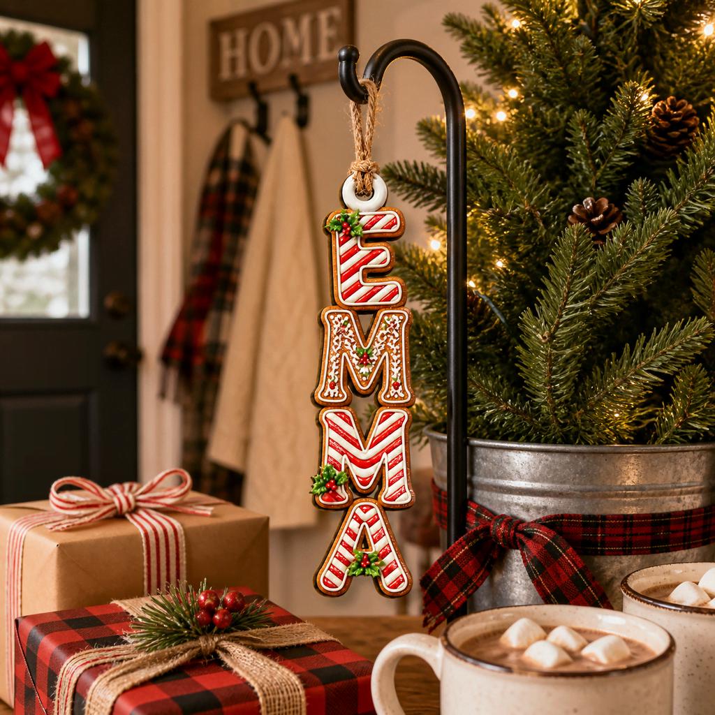 Vertical gingerbread name ornament hanging from a hook beside gifts and hot cocoa