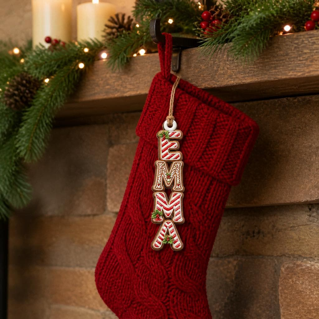 Candy cane letter name wooden ornament hanging on a red knit Christmas stocking