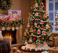 Christmas tree with candyland acrylic ornaments by a fireplace, with the Candyland Christmas advent box on the mantel