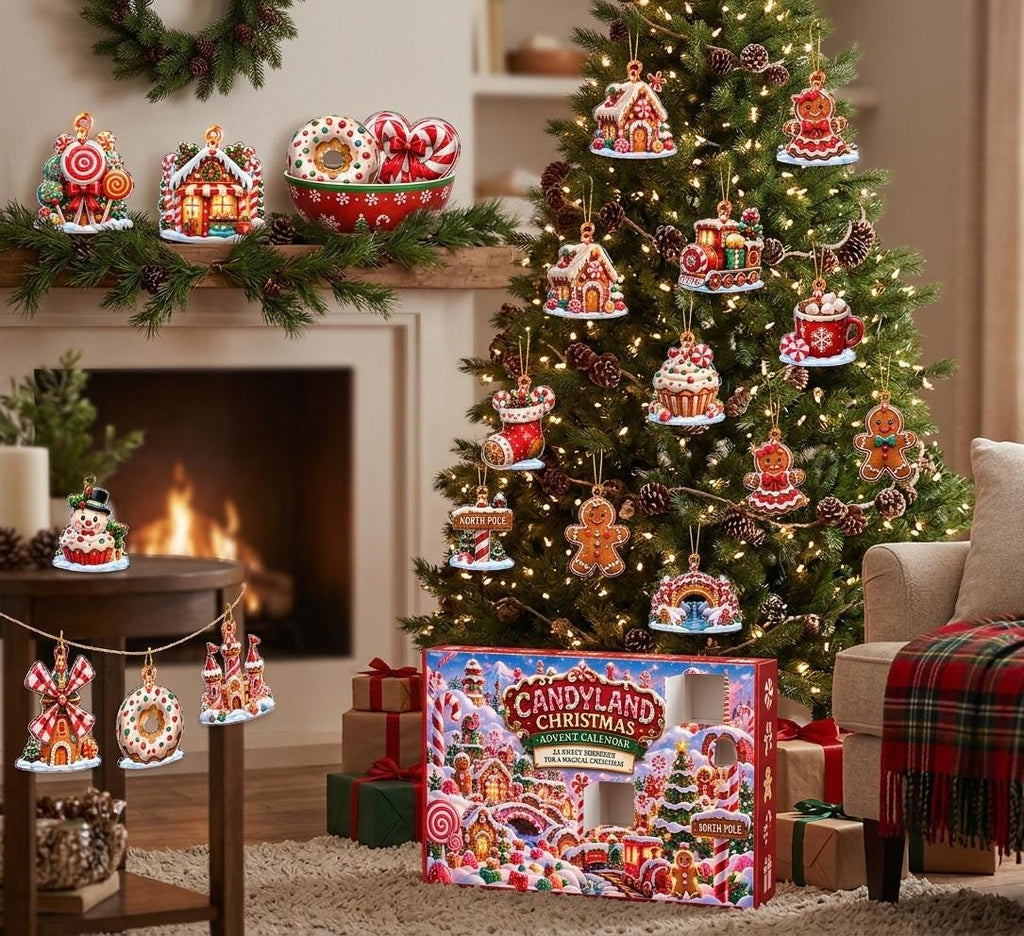 Gingerbread and candy acrylic ornaments on a tree and garland, with the opened Candyland Christmas advent box