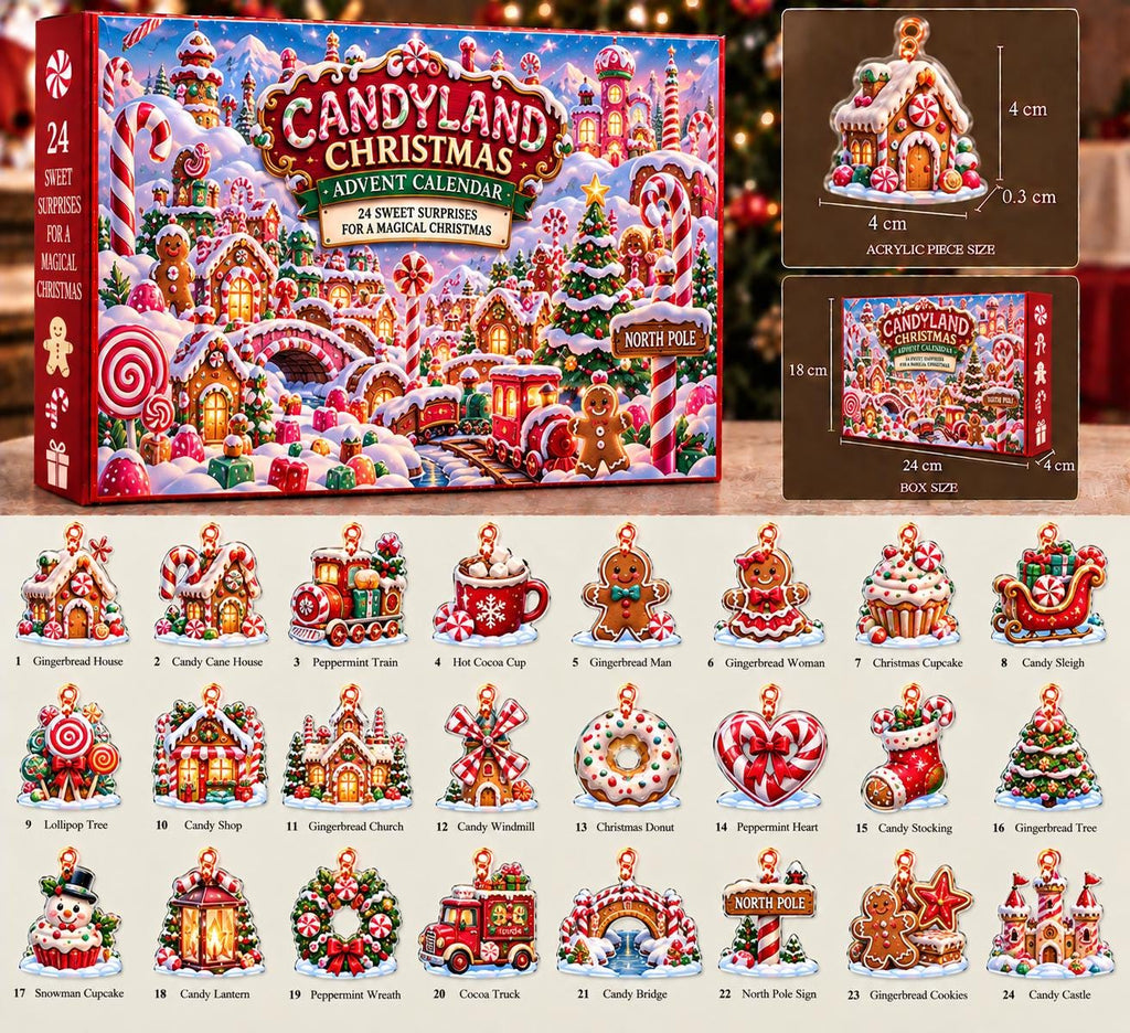 Candyland Christmas advent box, a 4 cm gingerbread house piece and a lineup of peppermint and candy designs