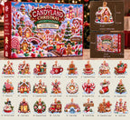 Candyland Christmas advent box, a 4 cm gingerbread house piece and a lineup of peppermint and candy designs