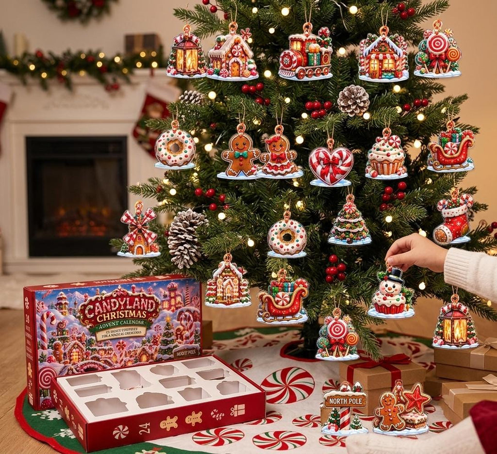 Hand hanging a snowman cupcake ornament on a tree, with the Candyland advent box and its empty insert tray below