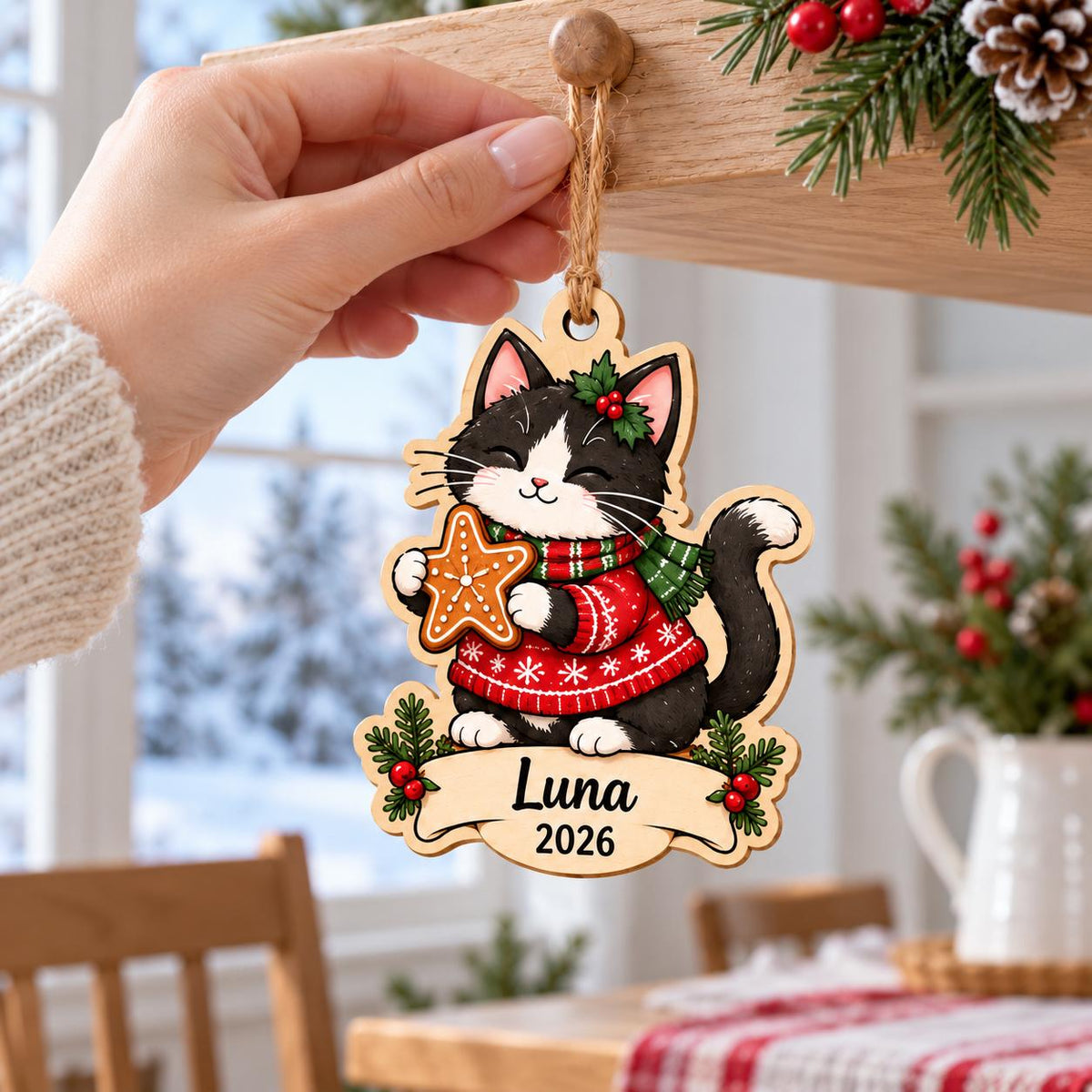 Tuxedo cat holding a gingerbread cookie wooden ornament with name Luna and year
