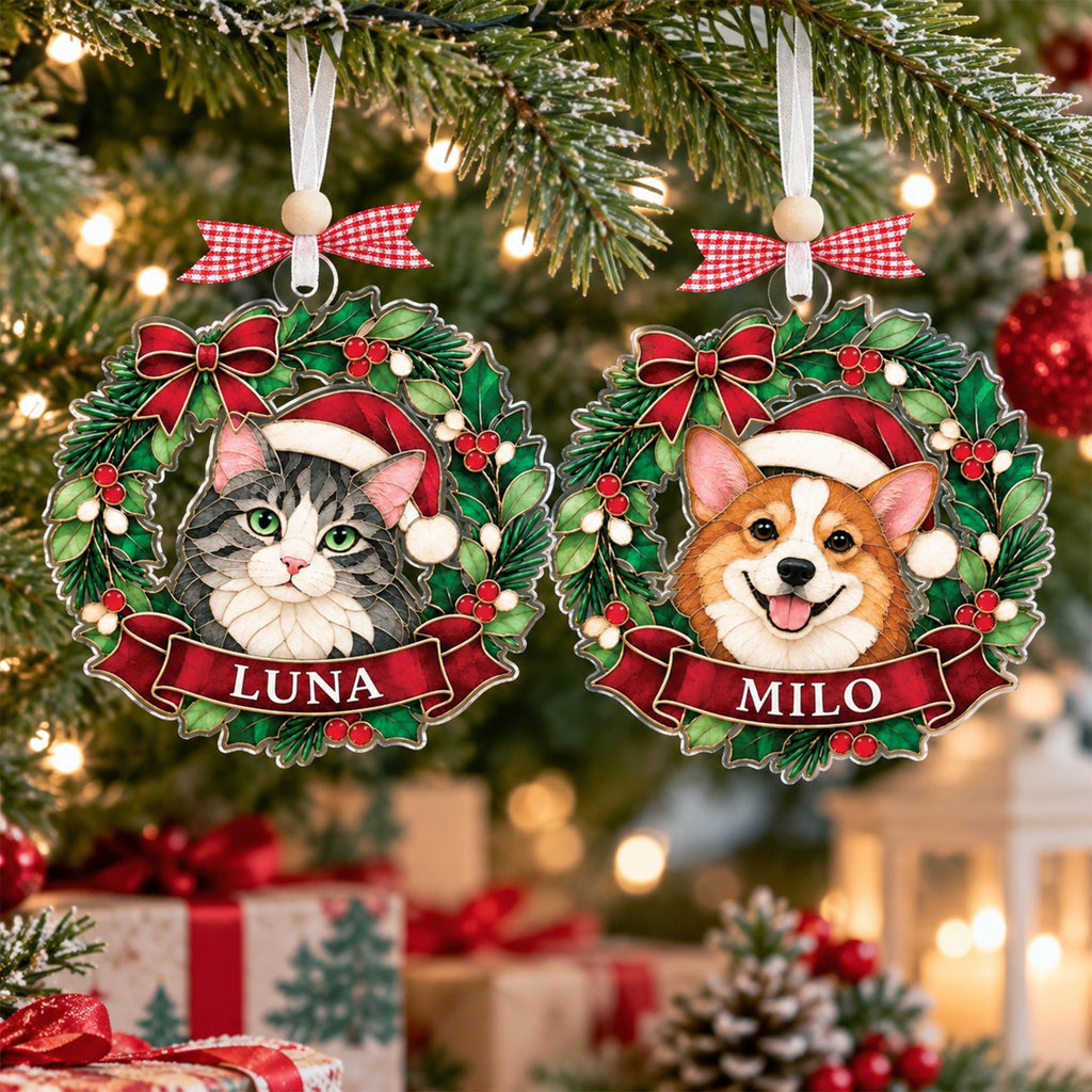 Cat and corgi wreath ornaments hanging on a Christmas tree