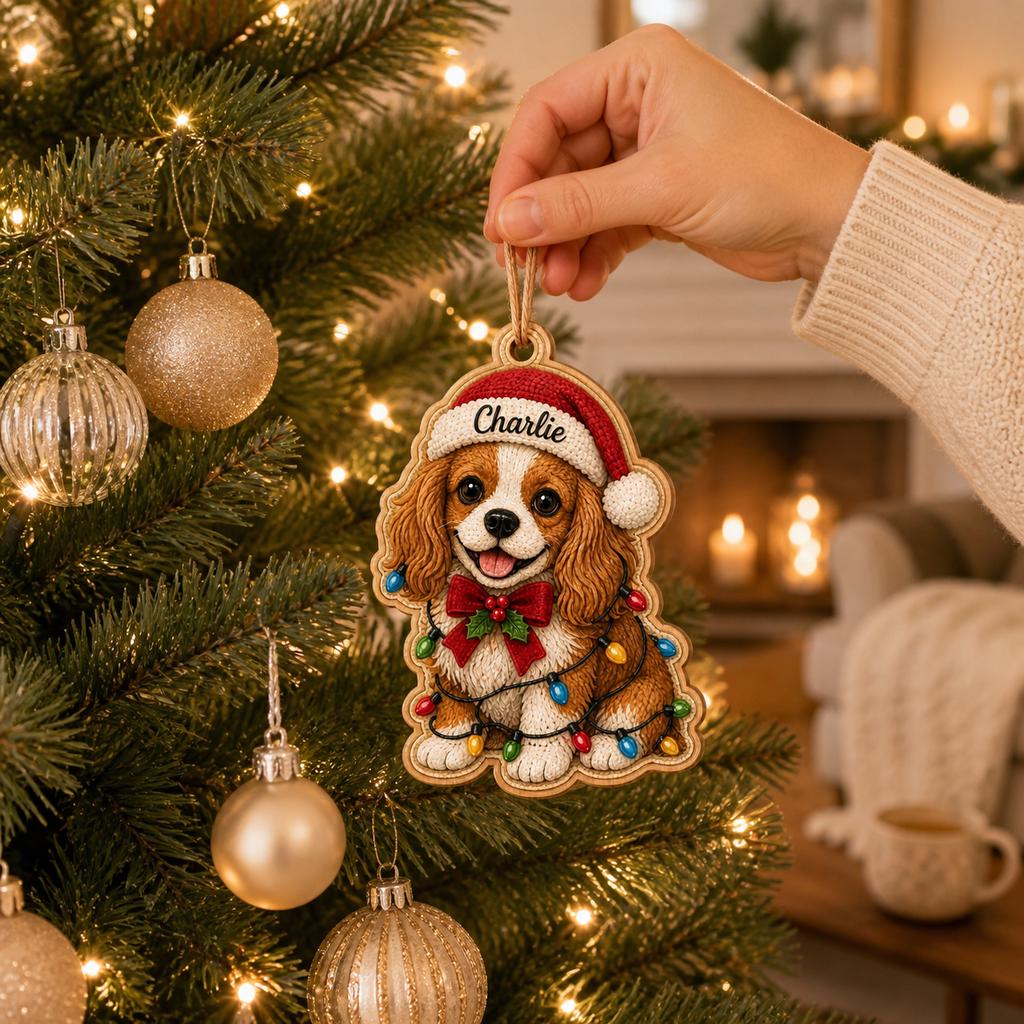 Personalized Cavalier Spaniel Santa hat wooden ornament hanging on a Christmas tree