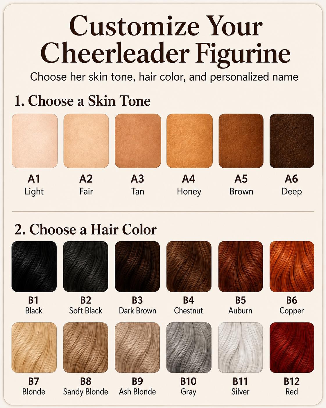 Skin tone A1 to A6 and hair color B1 to B12 chart for the cheerleader ornament