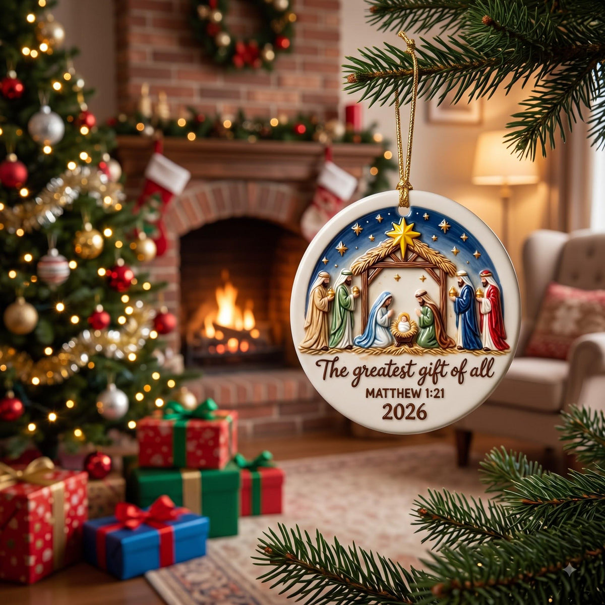 Christian nativity ornament in a cozy living room with a lit tree