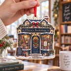 Christmas bookstore ornament with name sign hanging in a cozy bookshop