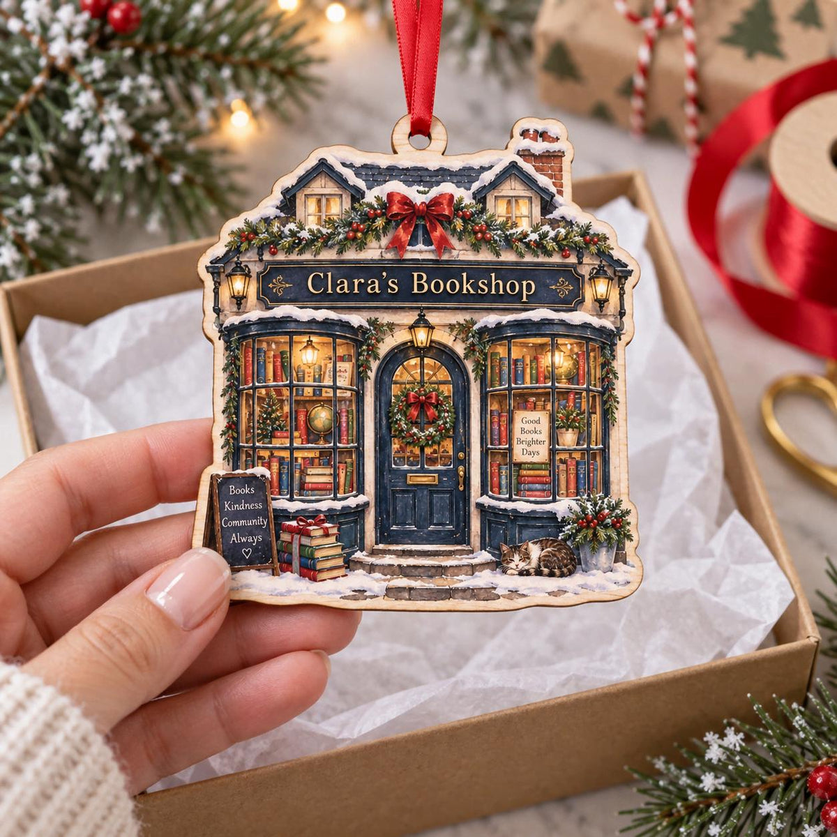 Personalized Christmas bookshop wooden ornament held above a gift box