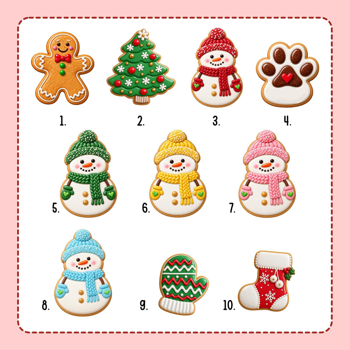 Cookie charm chart with 10 numbered designs: gingerbread man, tree, snowmen, paw, mitten and stocking