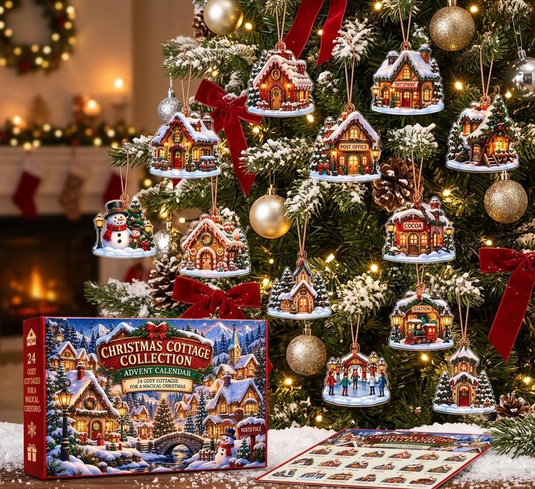 Snowy cottage, post office and cocoa shop acrylic ornaments on a tree above the Christmas Cottage advent box