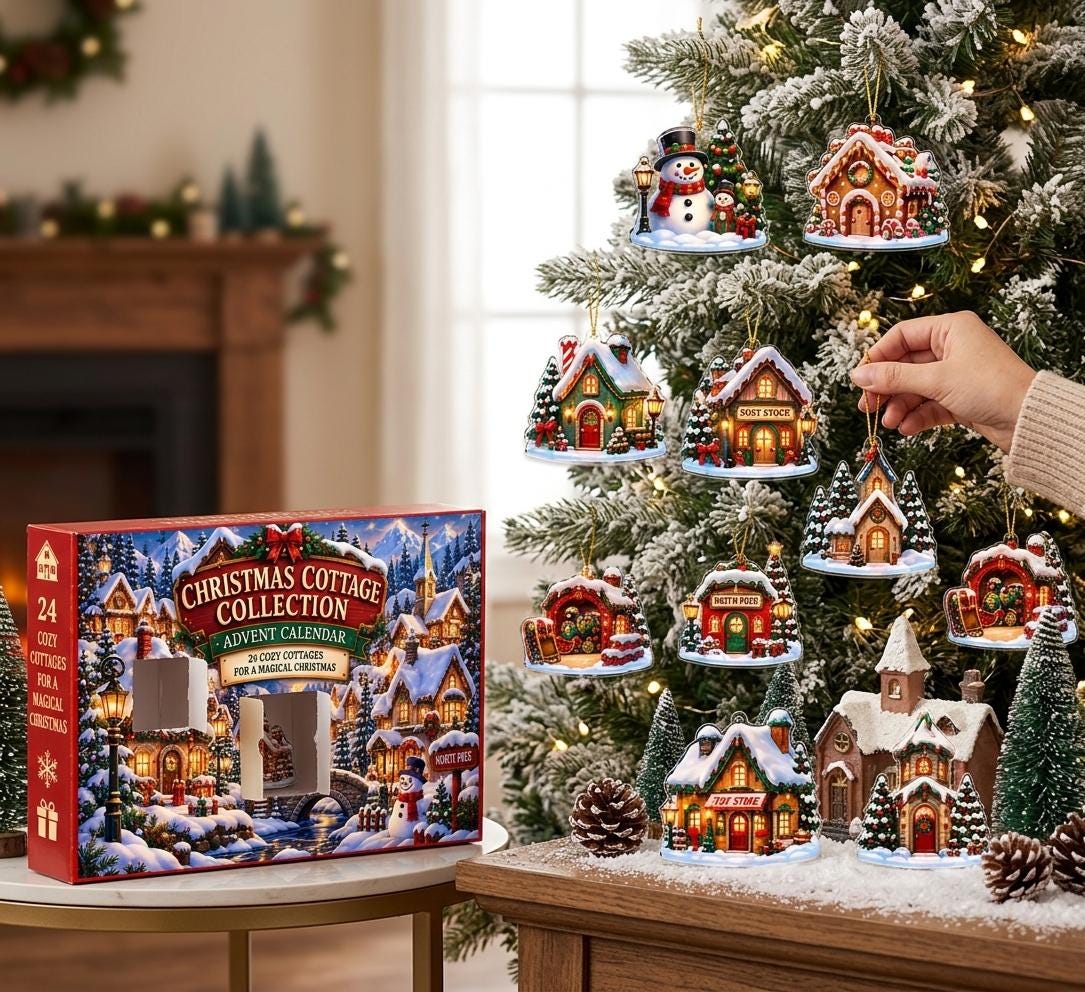 Hand hanging acrylic Christmas cottage ornaments on a snowy tree beside the Christmas Cottage Collection box