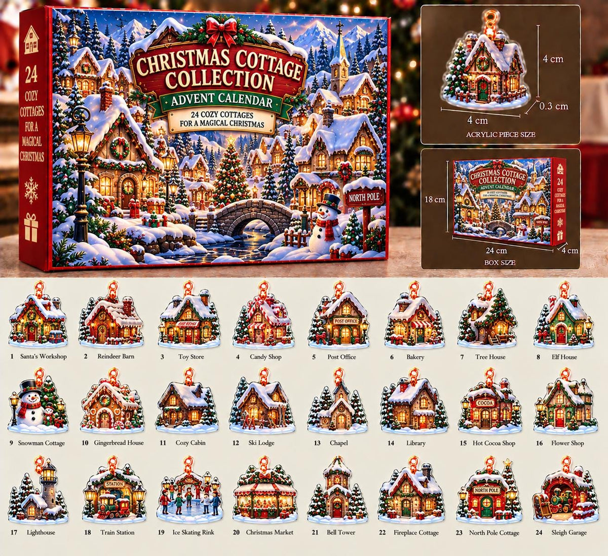 Christmas Cottage advent box, a 4 cm acrylic cottage piece and a lineup of shops, cabins and a snowy chapel