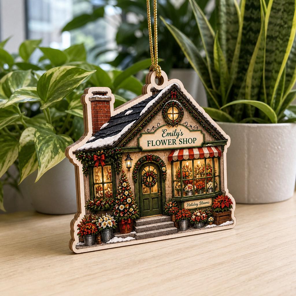 Flower shop storefront wooden ornament with poinsettias and striped awning beside houseplants