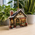 Flower shop storefront wooden ornament with poinsettias and striped awning beside houseplants