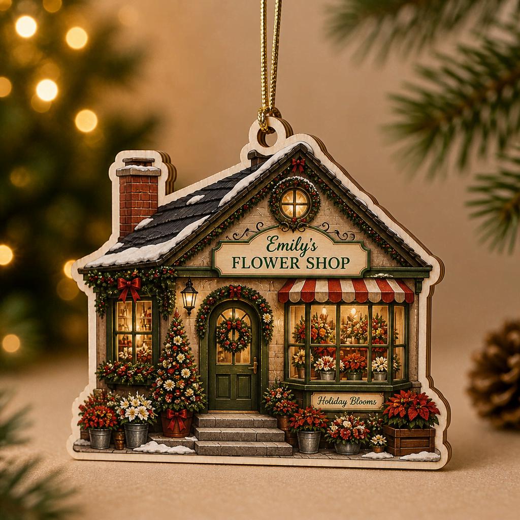 Personalized Christmas flower shop wooden ornament with custom name hanging by the tree