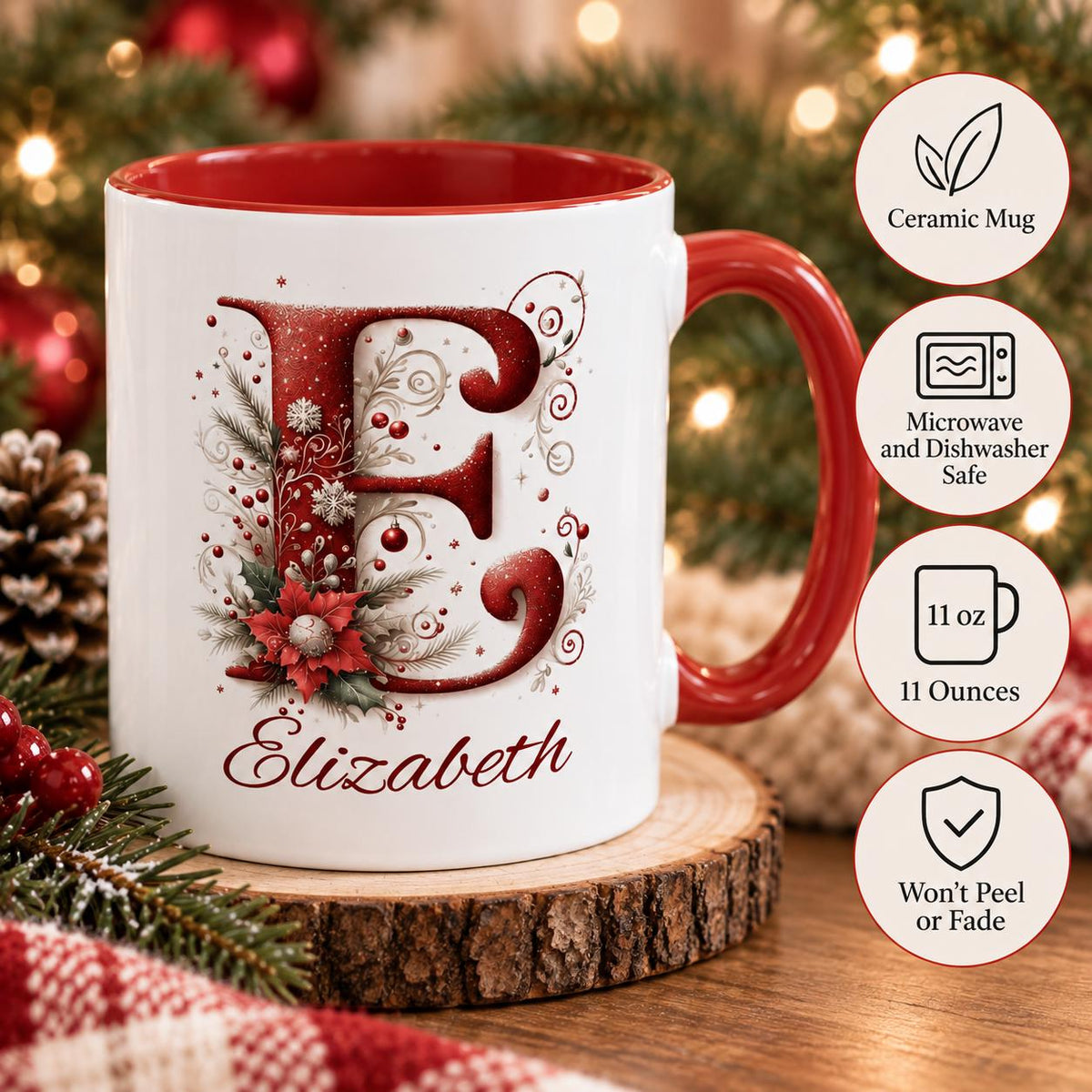 11oz Christmas initial mug with a red floral letter E and the name Elizabeth