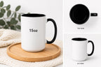 Blank 15oz white mug with black handle shown from the front, top and three-quarter view