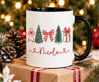 Black handle Christmas name mug with gingerbread, trees, bow and gift doodles