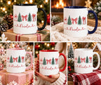 Christmas name mugs shown with black, navy, pink, red and white handles