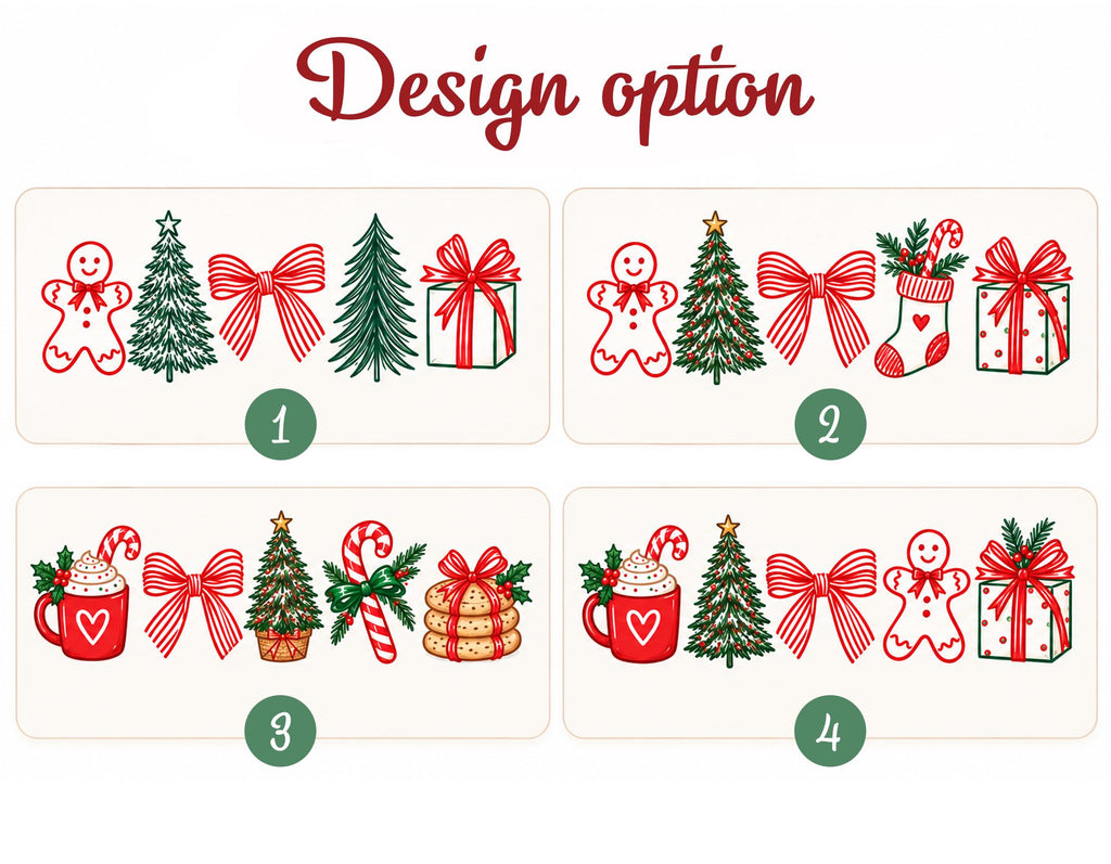 Four Christmas doodle design options for the personalized name mug