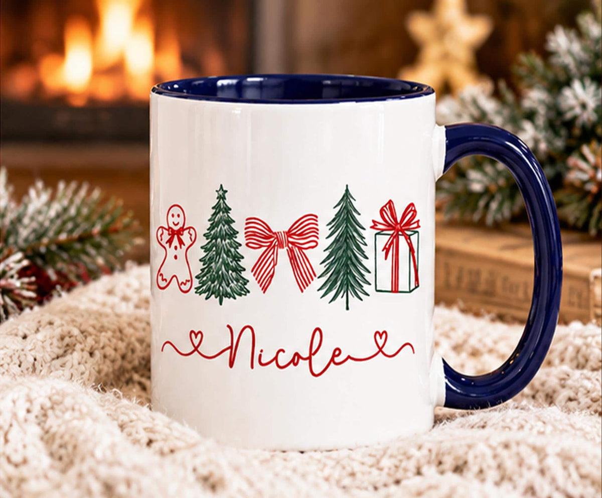 Navy blue handle Christmas name mug with gingerbread, trees, bow and gift doodles
