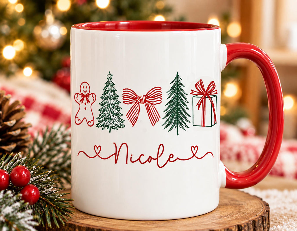 Personalized Christmas name mug with gingerbread man, trees, bow and gift doodles, red handle and red inside