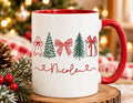Personalized Christmas name mug with gingerbread man, trees, bow and gift doodles, red handle and red inside