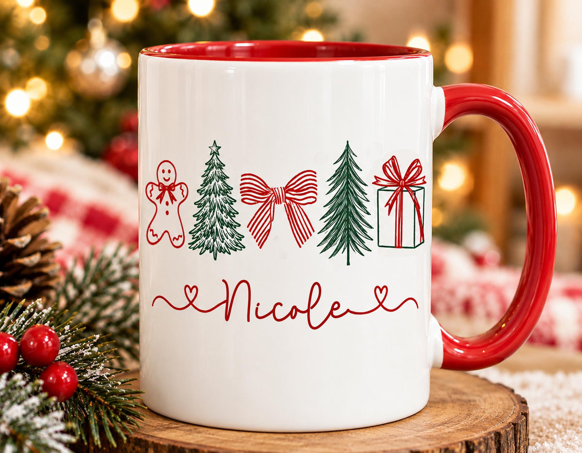 Personalized Christmas name mug with gingerbread man, trees, bow and gift doodles, red handle and red inside
