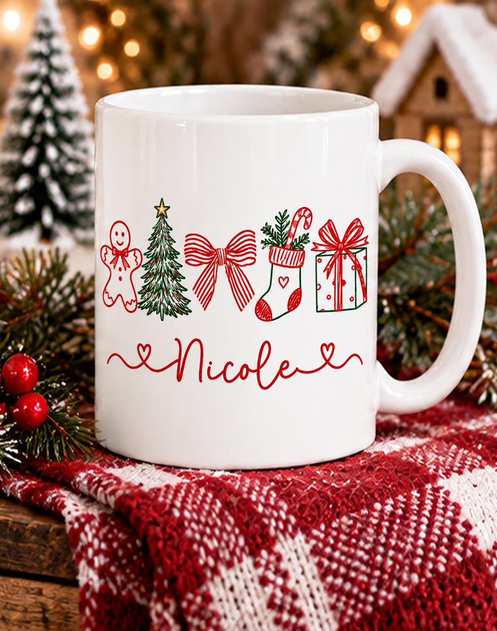 White 15oz Christmas name mug with stocking design and script name