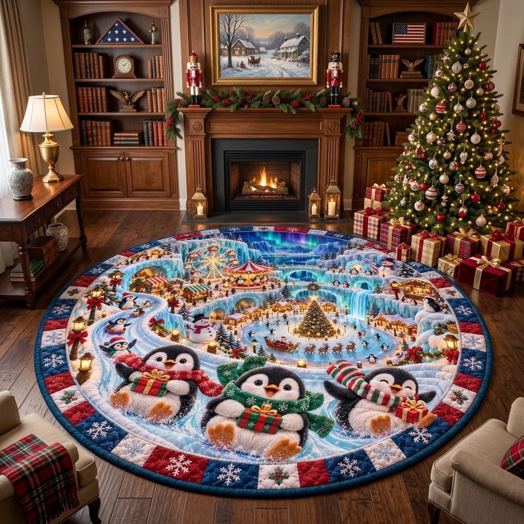 Round penguin rug in a wood-paneled den with bookshelves, nutcrackers on the mantel and stacked gifts