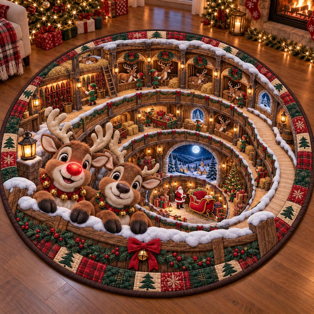 Christmas reindeer round quilted rug with a 3D North Pole stable on a wood floor near a tree and presents