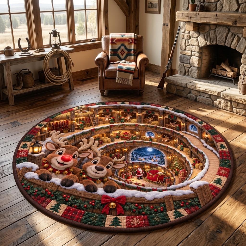Christmas reindeer stable rug in a rustic room with a stone fireplace, leather armchair and lasso on the wall