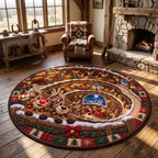 Christmas reindeer stable rug in a rustic room with a stone fireplace, leather armchair and lasso on the wall