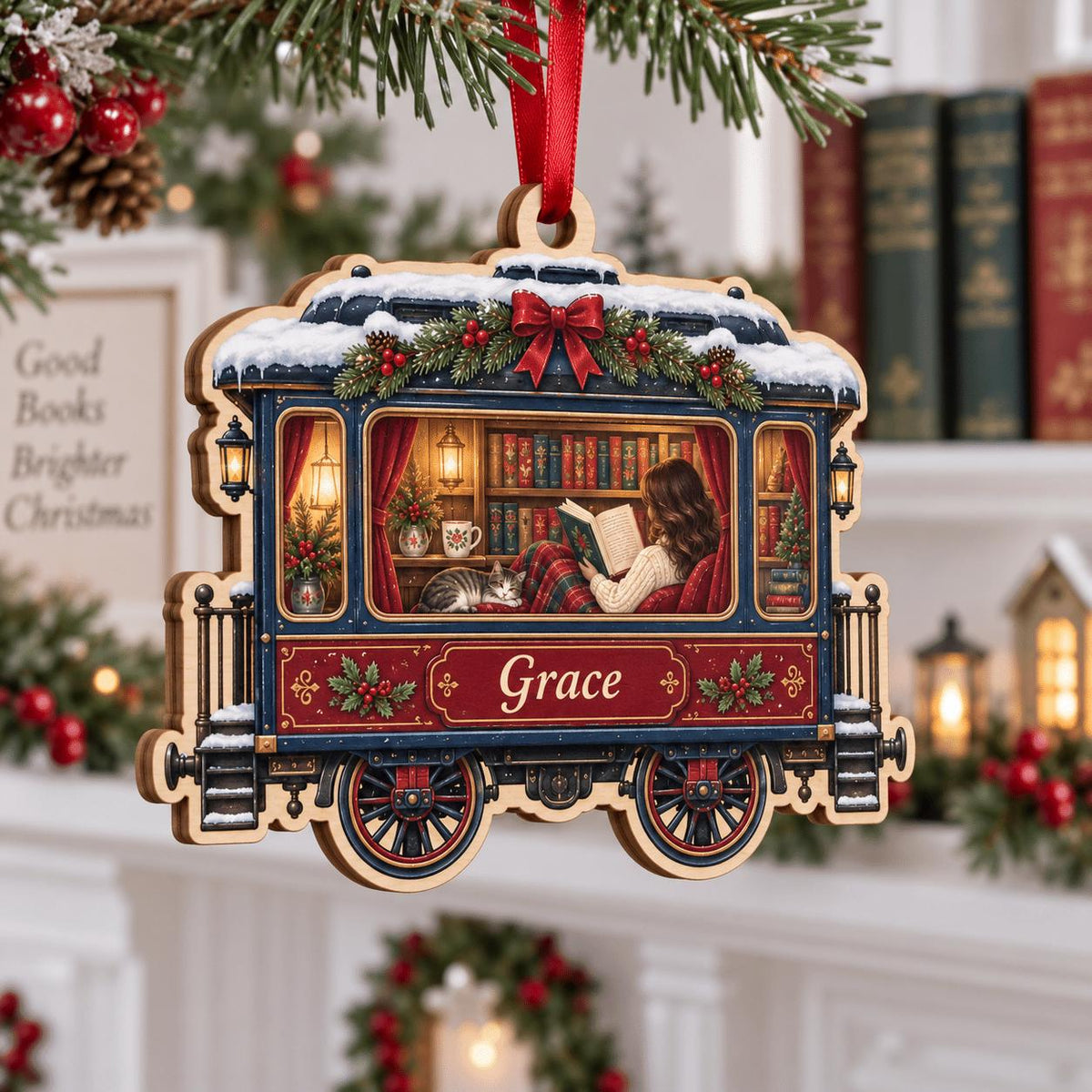 Personalized wooden train car ornament with a woman reading and the name Grace