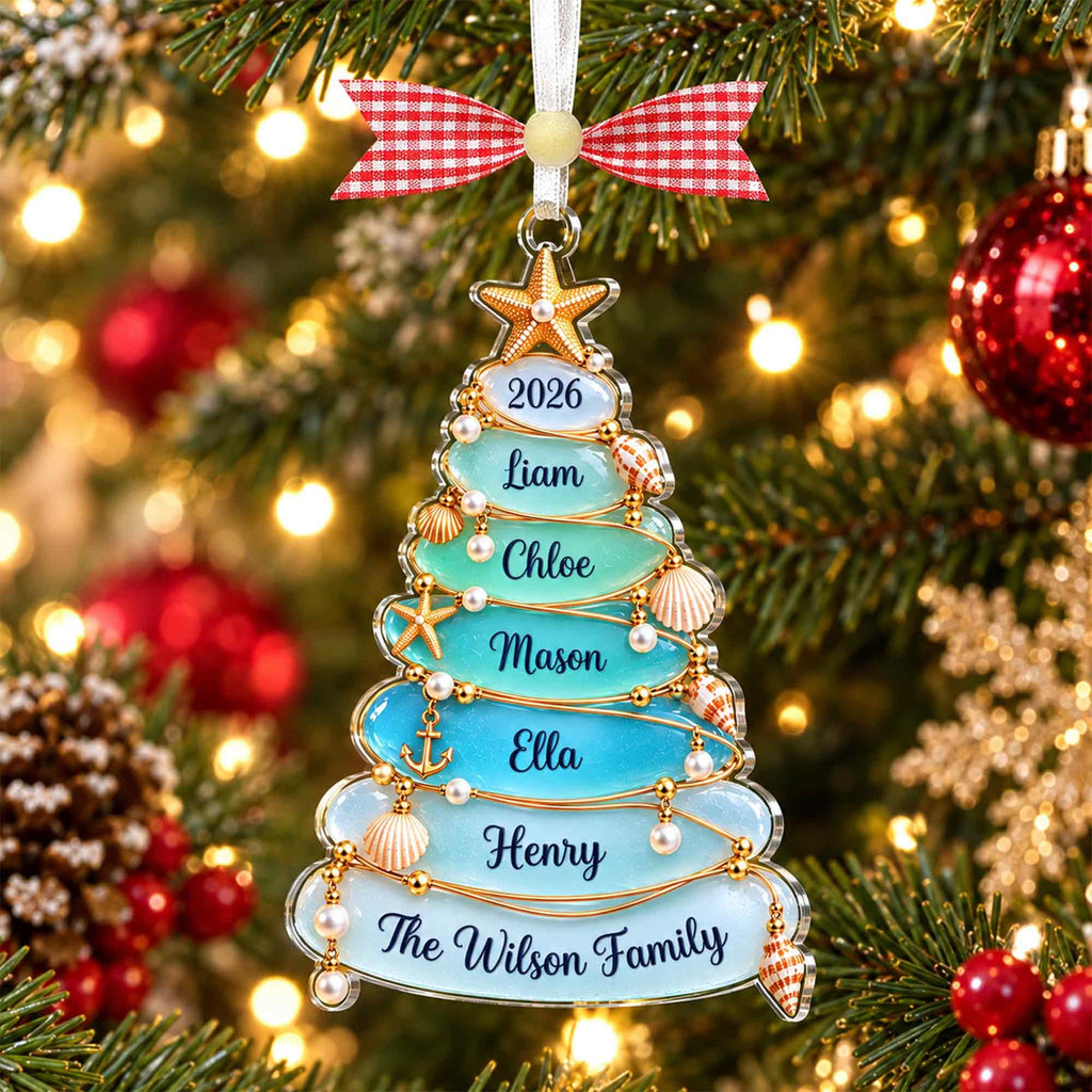 Ocean blue family tree ornament with The Wilson Family