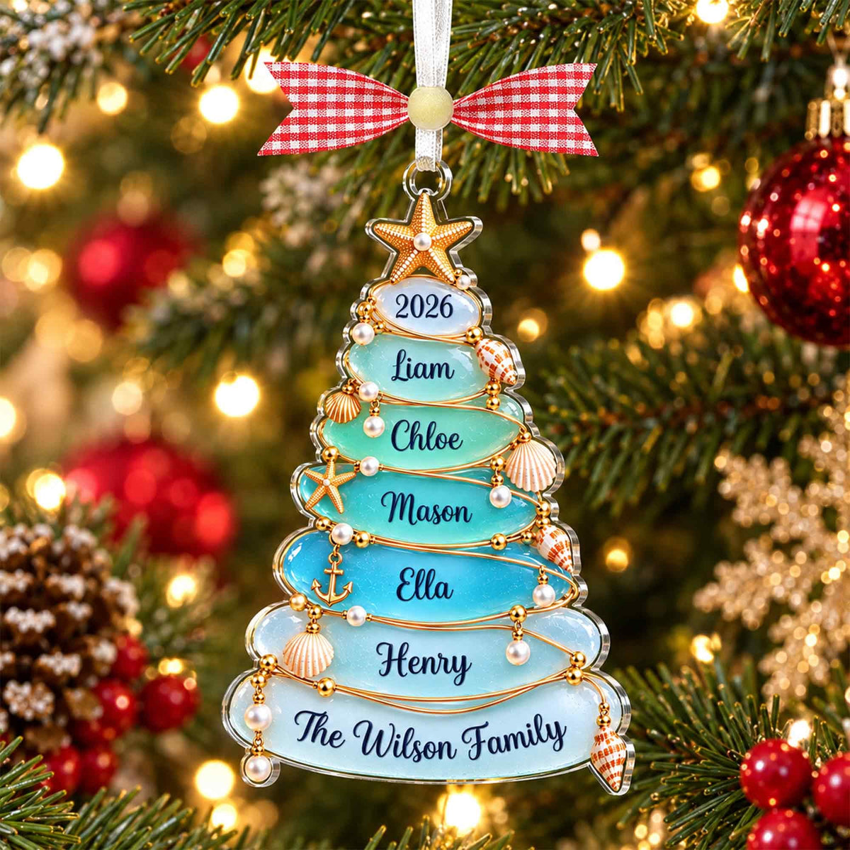 Ocean blue family tree ornament with The Wilson Family