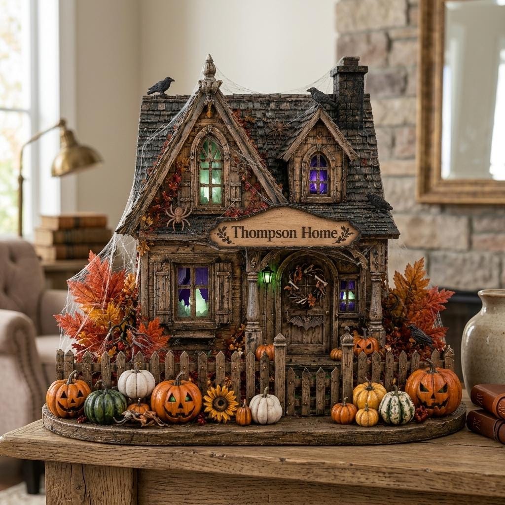Personalized cobweb Halloween house with red and orange leaves on a rustic wood table in a bright living room