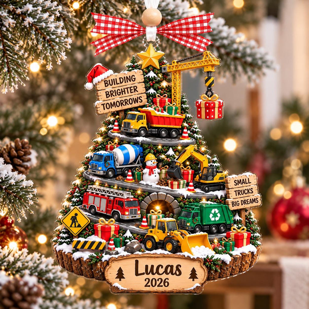 Construction truck tree ornament with Lucas 2026 on a tree