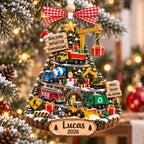 Construction truck tree ornament with Lucas 2026 on a tree