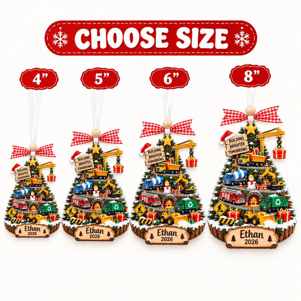 Size chart showing the truck tree ornament from 4 to 8 inches