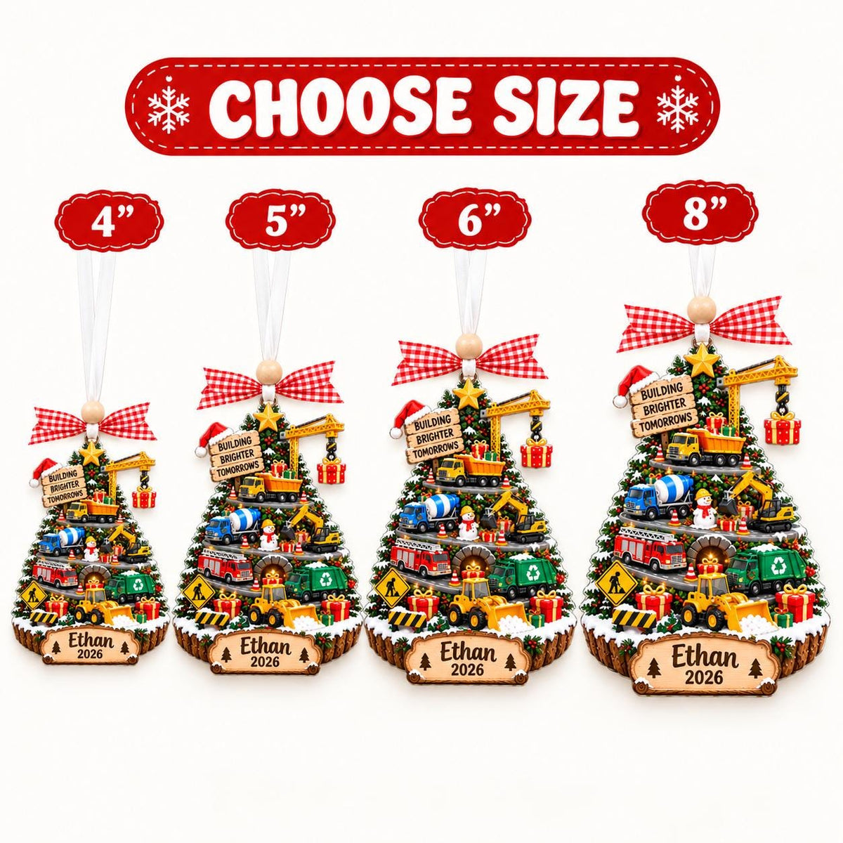 Size chart showing the truck tree ornament from 4 to 8 inches