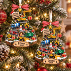 Two construction truck tree ornaments with Ethan and Lucas