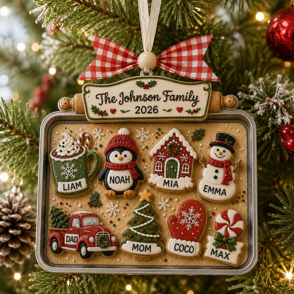 Personalized cookie baking tray ornament with family names on a Christmas tree